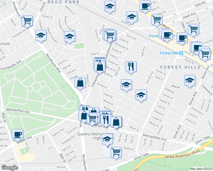 map of restaurants, bars, coffee shops, grocery stores, and more near 92-09 68th Avenue in Queens