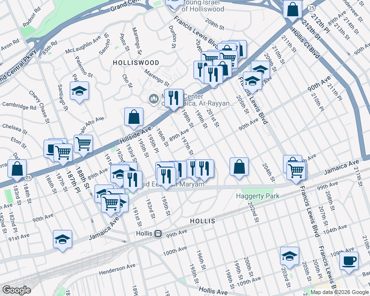 map of restaurants, bars, coffee shops, grocery stores, and more near 89-34 197th Street in Queens
