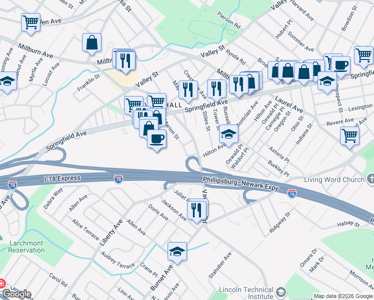 map of restaurants, bars, coffee shops, grocery stores, and more near 323 Marion Street in Union