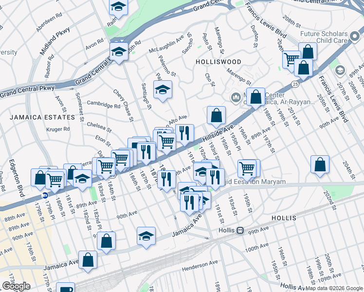 map of restaurants, bars, coffee shops, grocery stores, and more near 190-11 Hillside Avenue in Queens