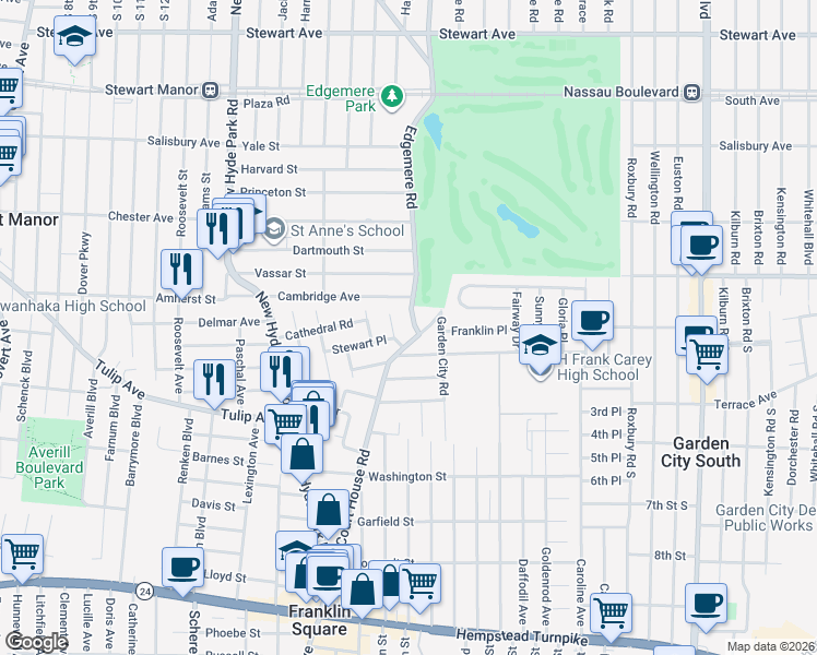 map of restaurants, bars, coffee shops, grocery stores, and more near 283 Plain Court in Franklin Square