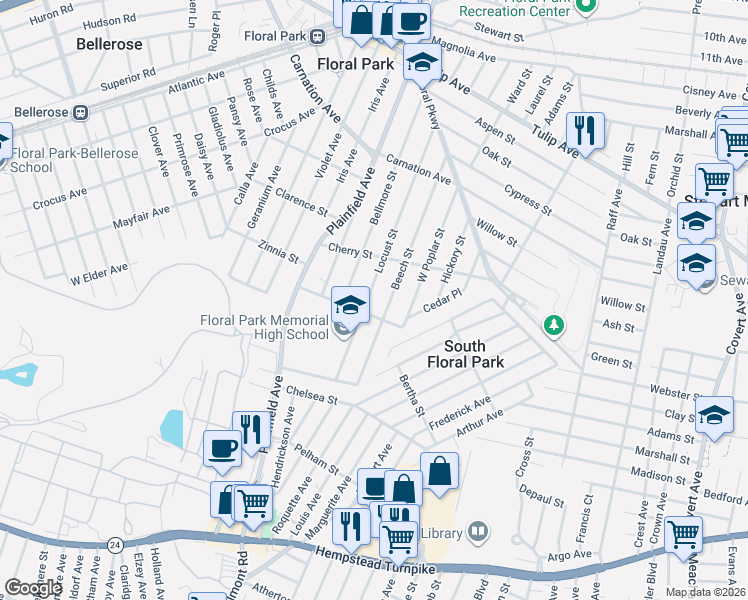 map of restaurants, bars, coffee shops, grocery stores, and more near 171 Locust Street in Floral Park
