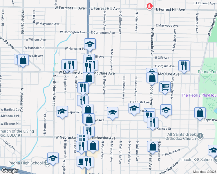 map of restaurants, bars, coffee shops, grocery stores, and more near 310 East Archer Avenue in Peoria