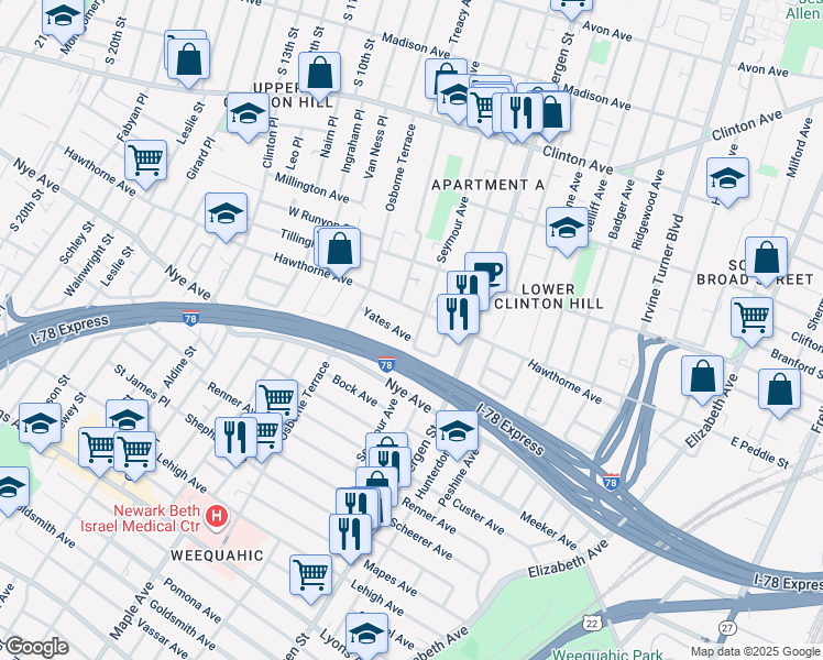 map of restaurants, bars, coffee shops, grocery stores, and more near 271 Seymour Avenue in Newark