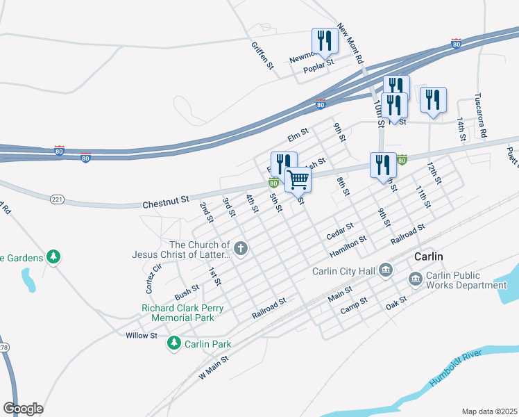 map of restaurants, bars, coffee shops, grocery stores, and more near 602 4th Street in Carlin