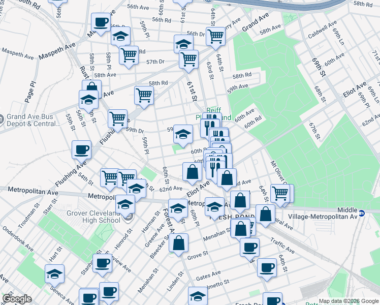 map of restaurants, bars, coffee shops, grocery stores, and more near 60-64 60th Road in Queens