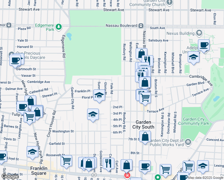 map of restaurants, bars, coffee shops, grocery stores, and more near Yale Road in Garden City