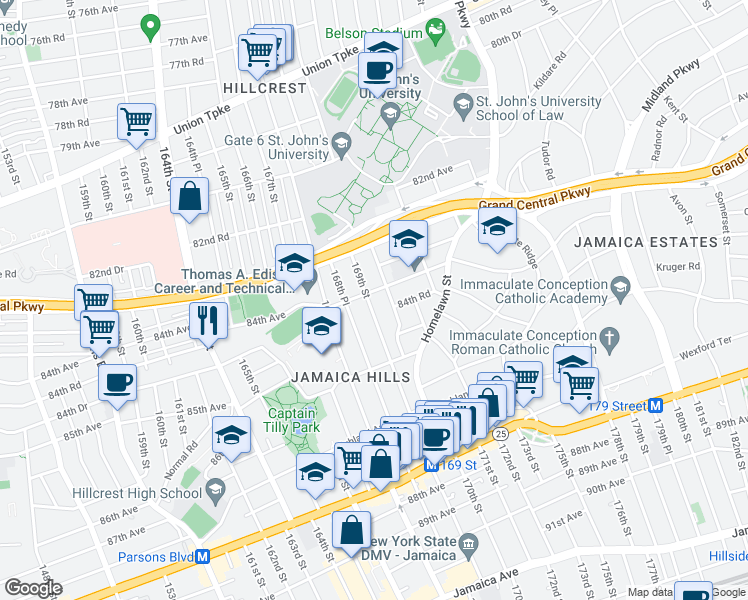 map of restaurants, bars, coffee shops, grocery stores, and more near 84-05 169th Street in Queens