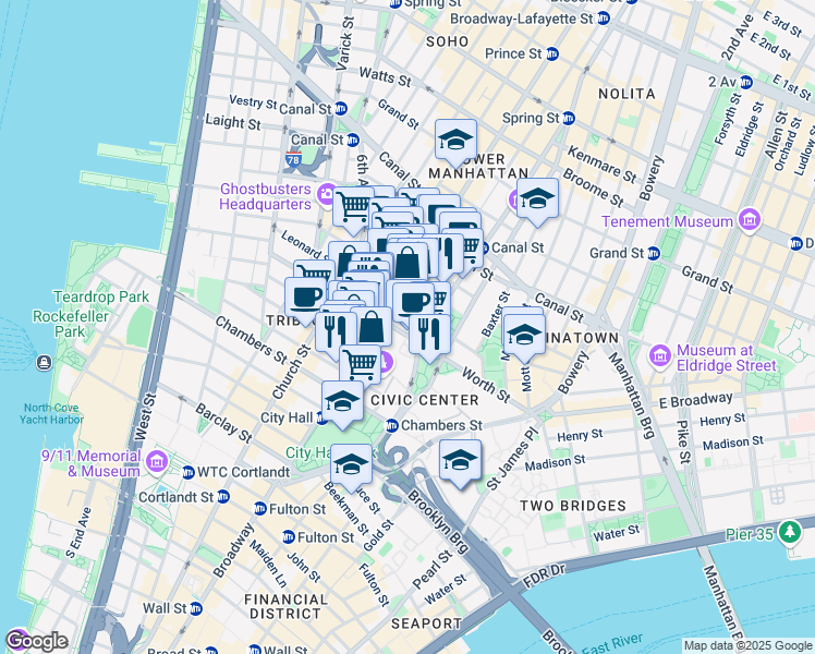 map of restaurants, bars, coffee shops, grocery stores, and more near 101 Worth Street in New York