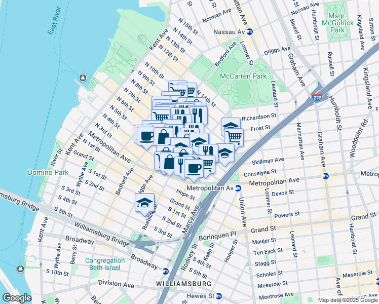 map of restaurants, bars, coffee shops, grocery stores, and more near 215 North 6th Street in Brooklyn
