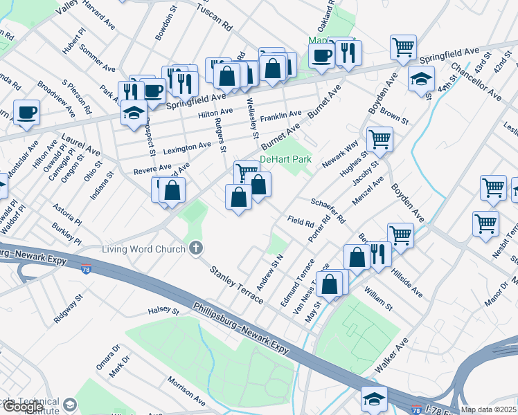 map of restaurants, bars, coffee shops, grocery stores, and more near 233 Rutgers Street in Maplewood