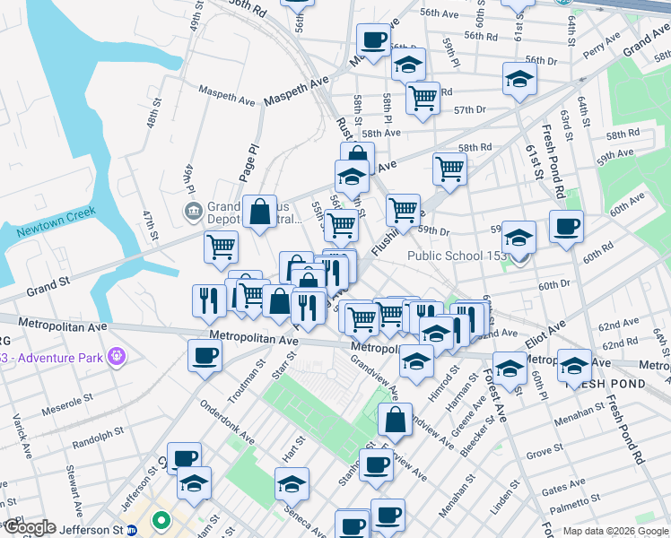 map of restaurants, bars, coffee shops, grocery stores, and more near 55-03 Flushing Avenue in Queens