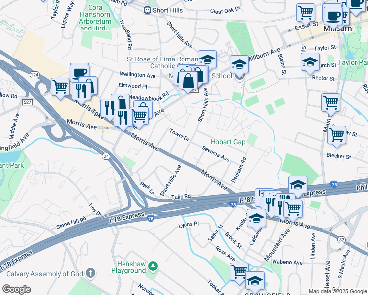 map of restaurants, bars, coffee shops, grocery stores, and more near 225 Short Hills Avenue in Springfield