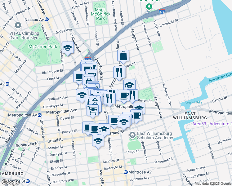 map of restaurants, bars, coffee shops, grocery stores, and more near 240A Skillman Avenue in Brooklyn