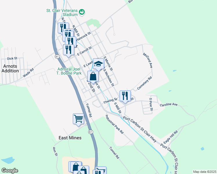 map of restaurants, bars, coffee shops, grocery stores, and more near 343 South Mill Street in Saint Clair