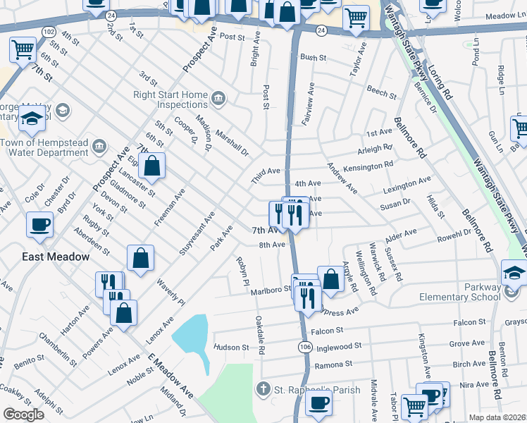 map of restaurants, bars, coffee shops, grocery stores, and more near 2435 6th Avenue in East Meadow
