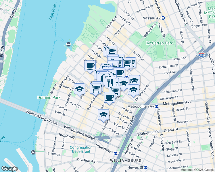map of restaurants, bars, coffee shops, grocery stores, and more near 147 North 4th Street in Brooklyn