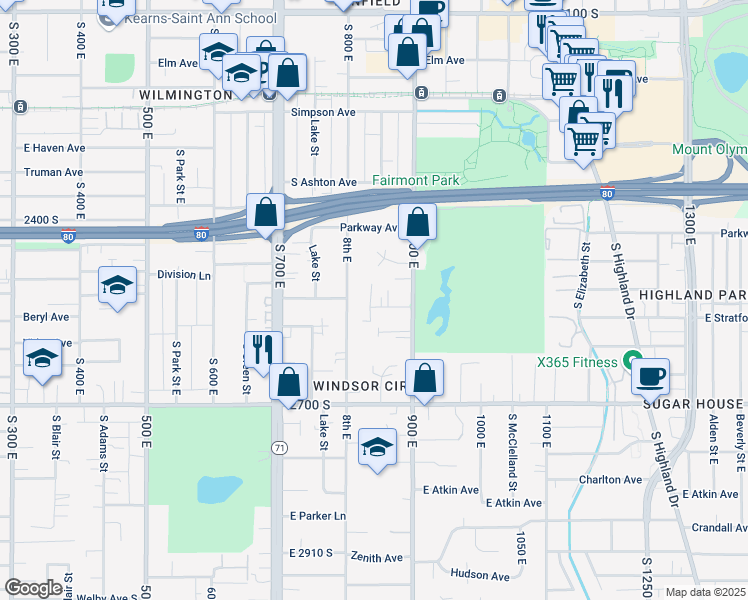 map of restaurants, bars, coffee shops, grocery stores, and more near 831 E Stratford Ave in Salt Lake City