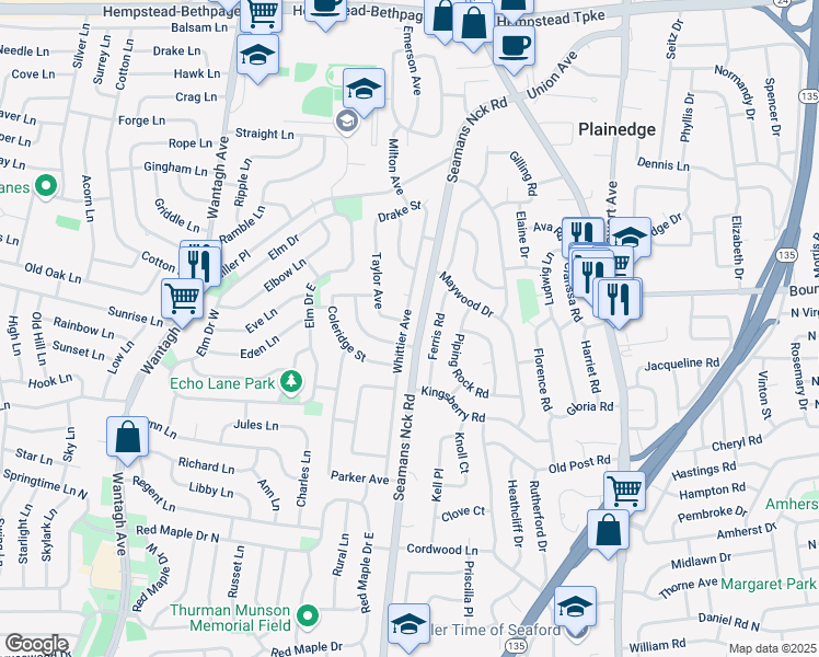 map of restaurants, bars, coffee shops, grocery stores, and more near 377 Whittier Avenue in Levittown