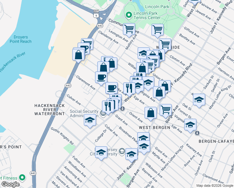 map of restaurants, bars, coffee shops, grocery stores, and more near 24 Yale Avenue in Jersey City
