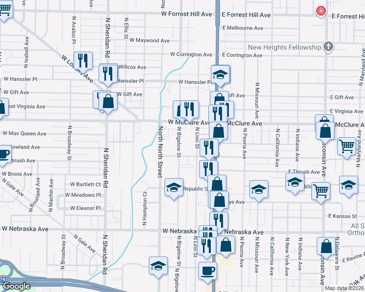map of restaurants, bars, coffee shops, grocery stores, and more near 2314 North Bigelow Street in Peoria