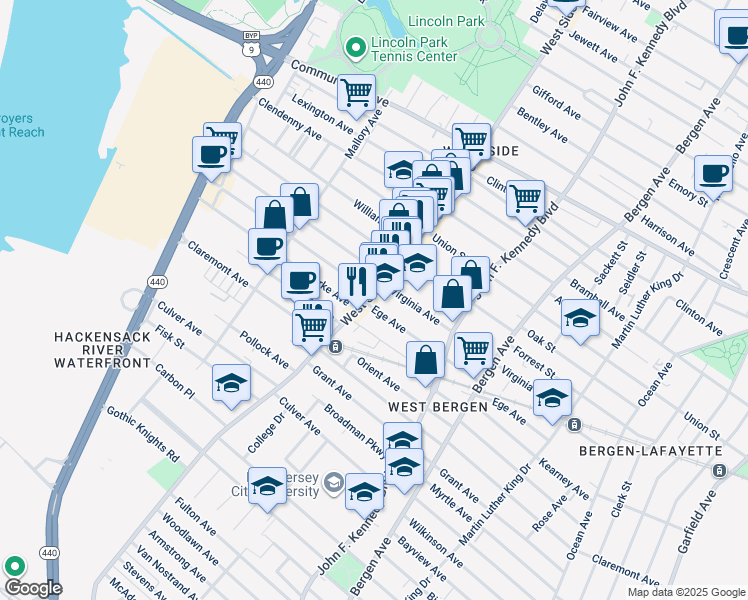 map of restaurants, bars, coffee shops, grocery stores, and more near 421 West Side Avenue in Jersey City