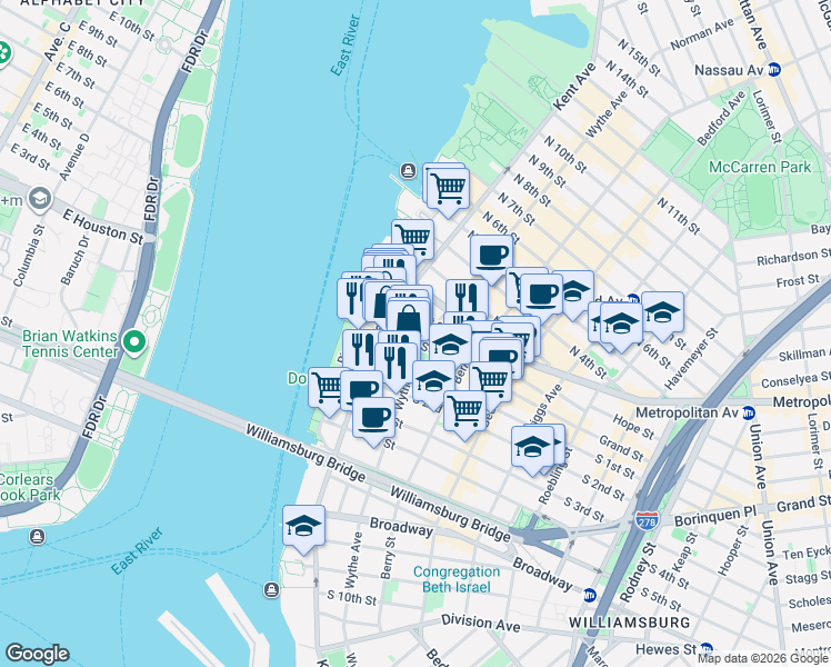map of restaurants, bars, coffee shops, grocery stores, and more near 69 Grand Street in Brooklyn