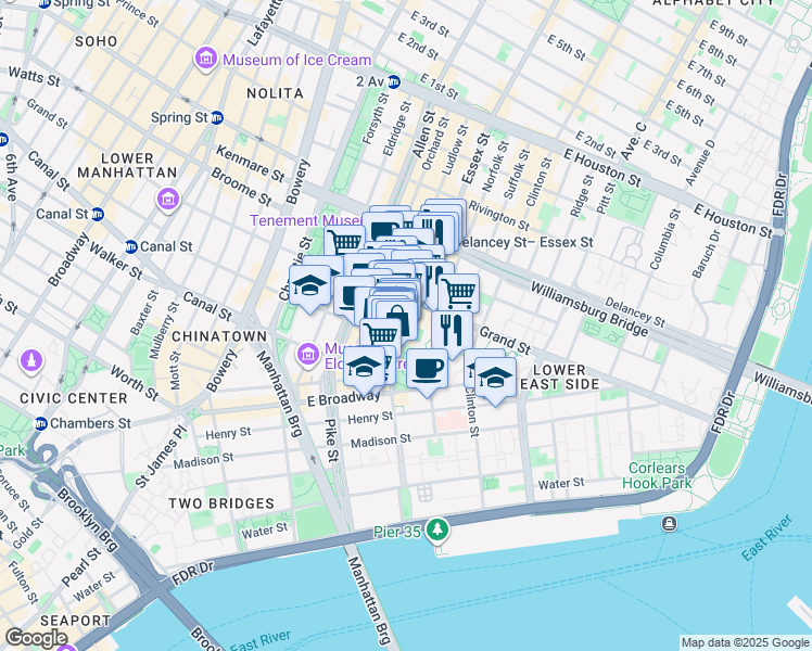 map of restaurants, bars, coffee shops, grocery stores, and more near 359 Grand Street in New York