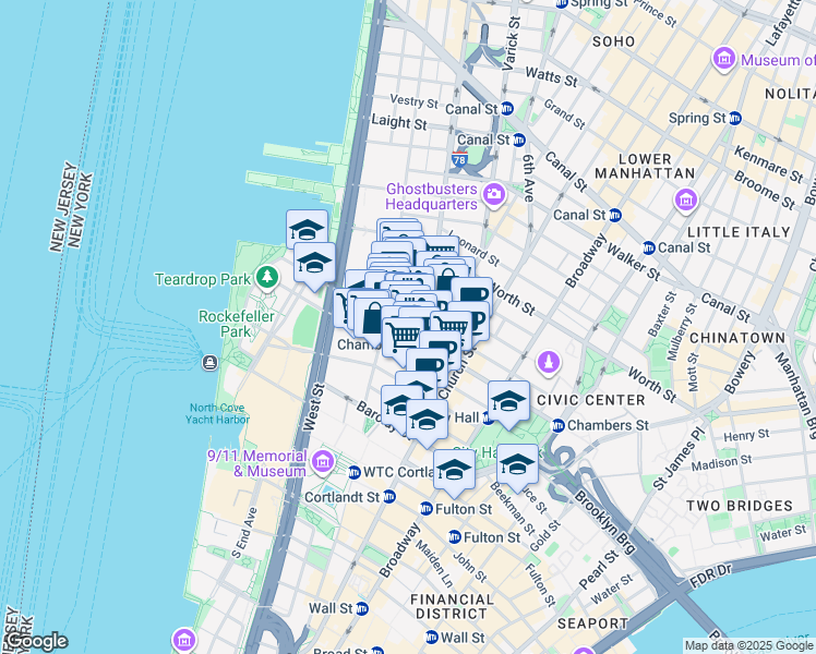 map of restaurants, bars, coffee shops, grocery stores, and more near 155 Chambers Street in New York