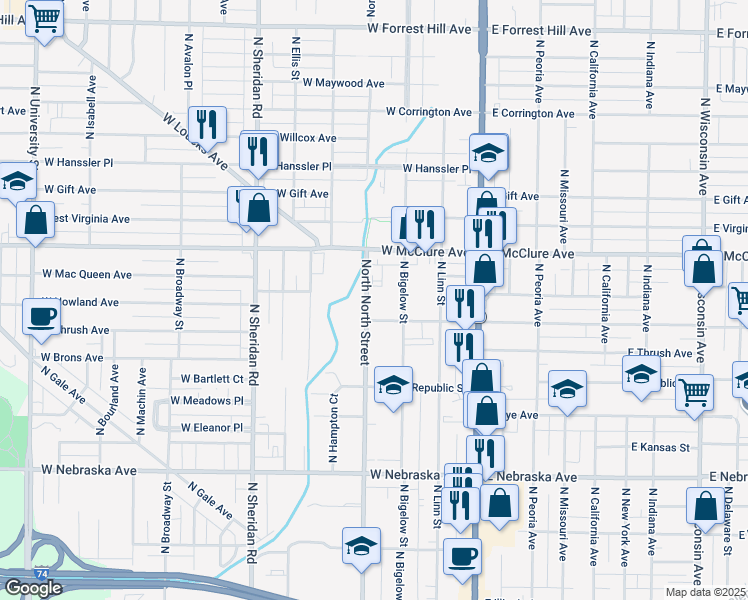 map of restaurants, bars, coffee shops, grocery stores, and more near 2314 North North Street in Peoria