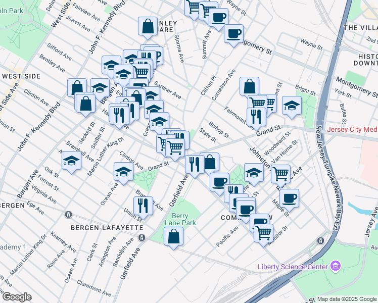 map of restaurants, bars, coffee shops, grocery stores, and more near 704 Grand Street in Jersey City