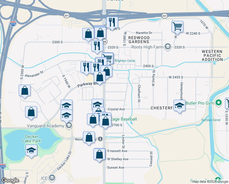 map of restaurants, bars, coffee shops, grocery stores, and more near 1655 West Warnock Avenue in West Valley City