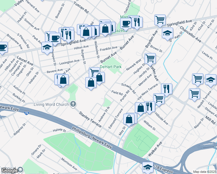 map of restaurants, bars, coffee shops, grocery stores, and more near 101-103 Newark Way in Maplewood