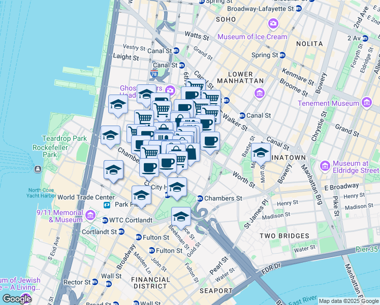 map of restaurants, bars, coffee shops, grocery stores, and more near 325 Broadway in New York