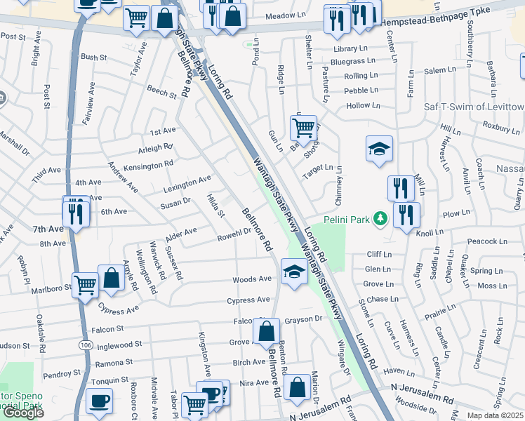 map of restaurants, bars, coffee shops, grocery stores, and more near 2782 Granz Court in East Meadow