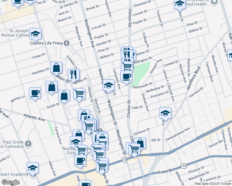 map of restaurants, bars, coffee shops, grocery stores, and more near 12 Ormond Street in Hempstead