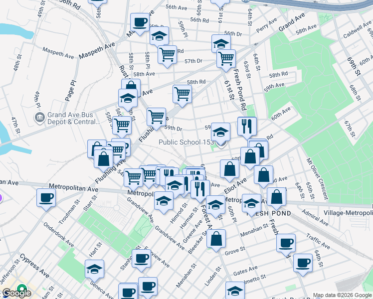 map of restaurants, bars, coffee shops, grocery stores, and more near 60-14 60th Street in Queens