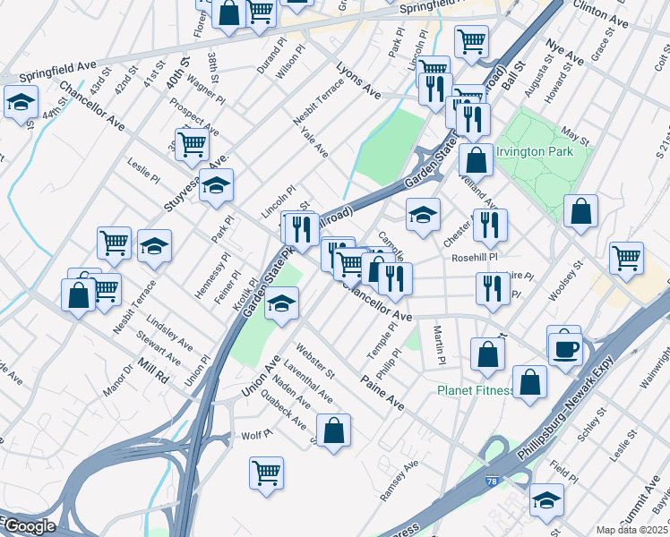 map of restaurants, bars, coffee shops, grocery stores, and more near 721 Chancellor Avenue in Irvington