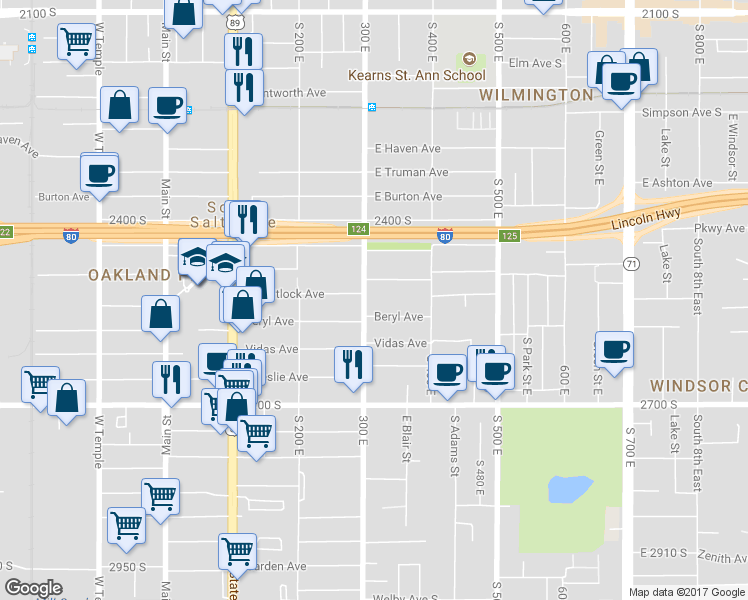 map of restaurants, bars, coffee shops, grocery stores, and more near 2519 South 300 East in South Salt Lake
