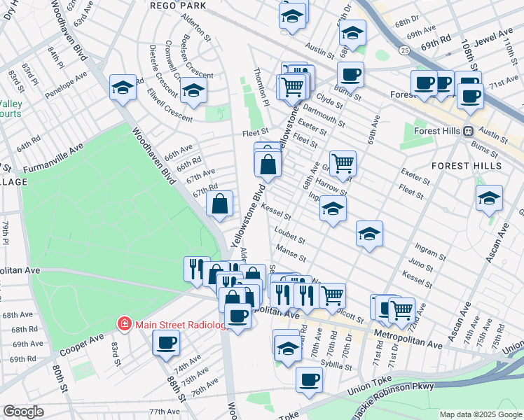 map of restaurants, bars, coffee shops, grocery stores, and more near 67-07 Selfridge Street in Queens