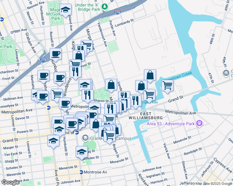 map of restaurants, bars, coffee shops, grocery stores, and more near 307 Vandervoort Avenue in Brooklyn