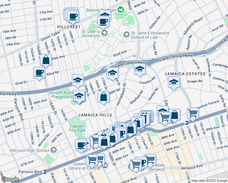 map of restaurants, bars, coffee shops, grocery stores, and more near 17045 84th Road in Queens