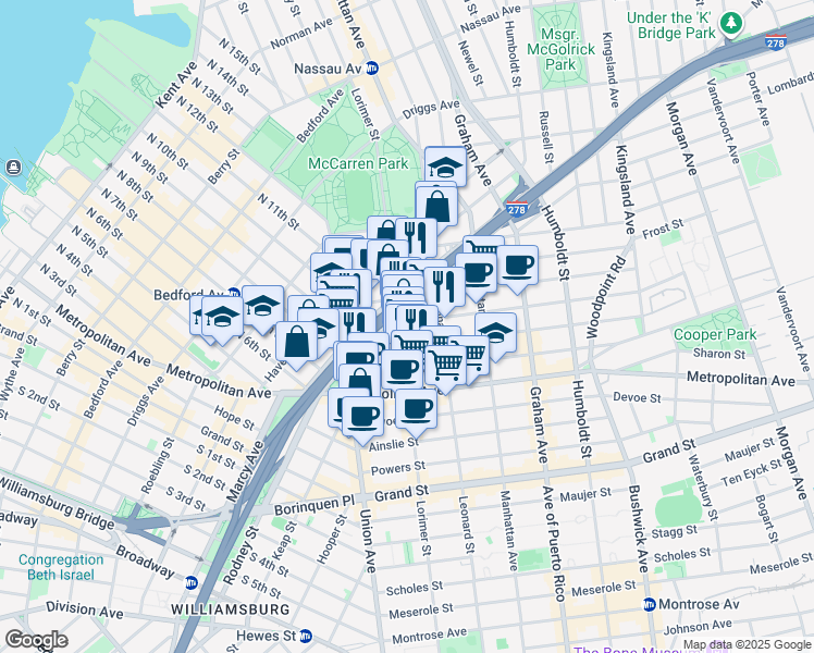 map of restaurants, bars, coffee shops, grocery stores, and more near in Brooklyn