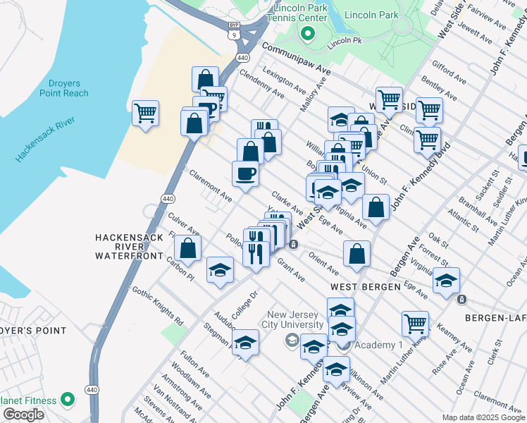 map of restaurants, bars, coffee shops, grocery stores, and more near 51 Yale Avenue in Jersey City