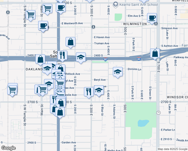 map of restaurants, bars, coffee shops, grocery stores, and more near 2519 South 300 East in South Salt Lake