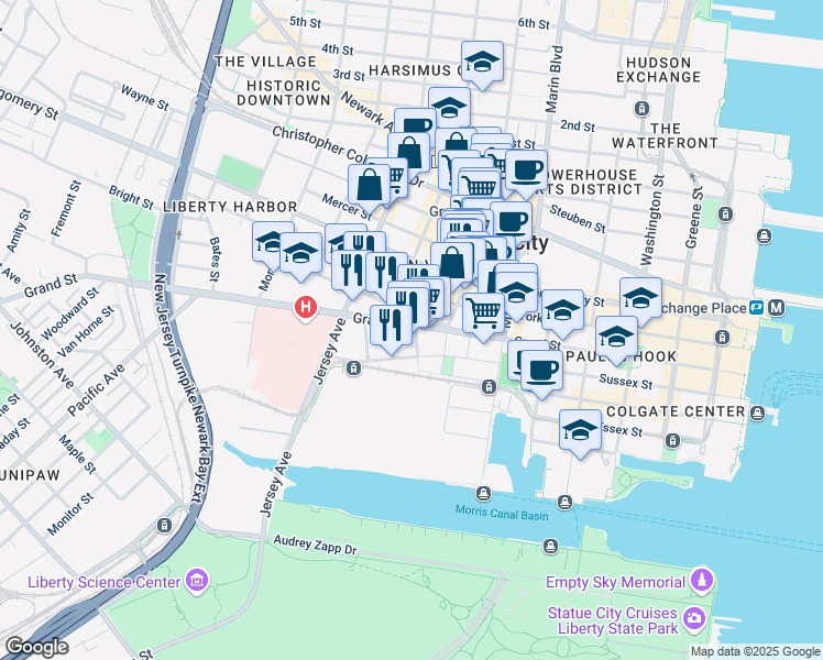 map of restaurants, bars, coffee shops, grocery stores, and more near 120 Tidewater Street in Jersey City
