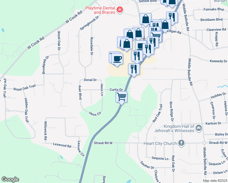 map of restaurants, bars, coffee shops, grocery stores, and more near 921 Curtis Drive in Mansfield