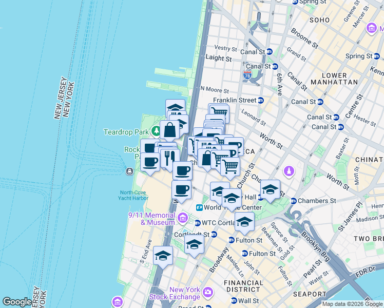 map of restaurants, bars, coffee shops, grocery stores, and more near 171 West Street in New York