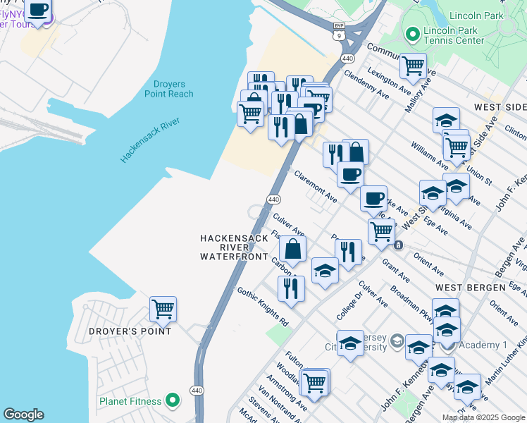 map of restaurants, bars, coffee shops, grocery stores, and more near 474 New Jersey 440 in Jersey City