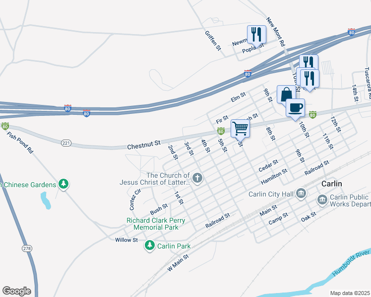 map of restaurants, bars, coffee shops, grocery stores, and more near 762 3rd Street in Carlin